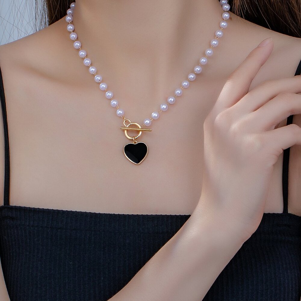 3/$35 Elegant Heart Shape Pearl Toggle Beaded Pendant Charm Necklace Women